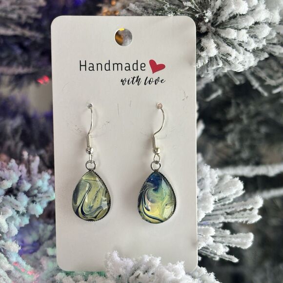 Handmade Blue Acrylic Pour Marble Teardrop Dangle Earrings Hypoallergenic Gift - Picture 1 of 4